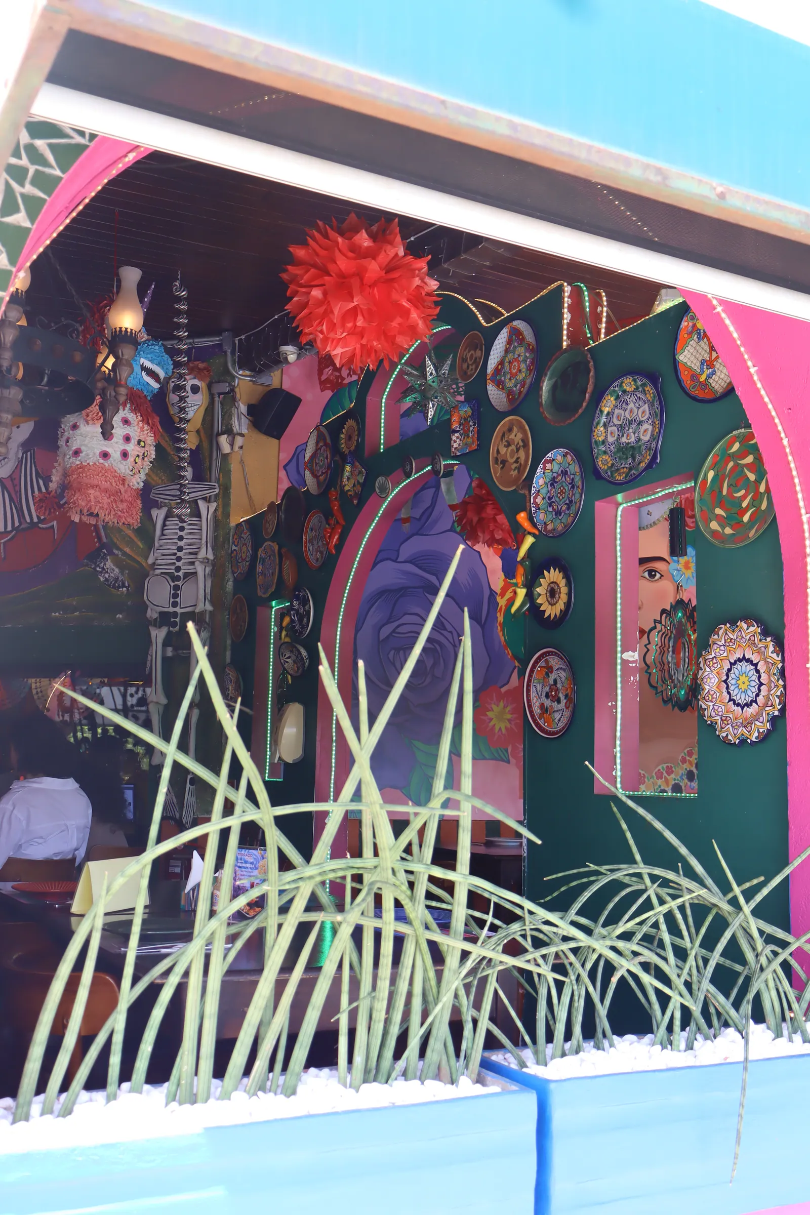 Vista de fora para dentro, com plantas em primeiro plano e mural da Frida ao fundo