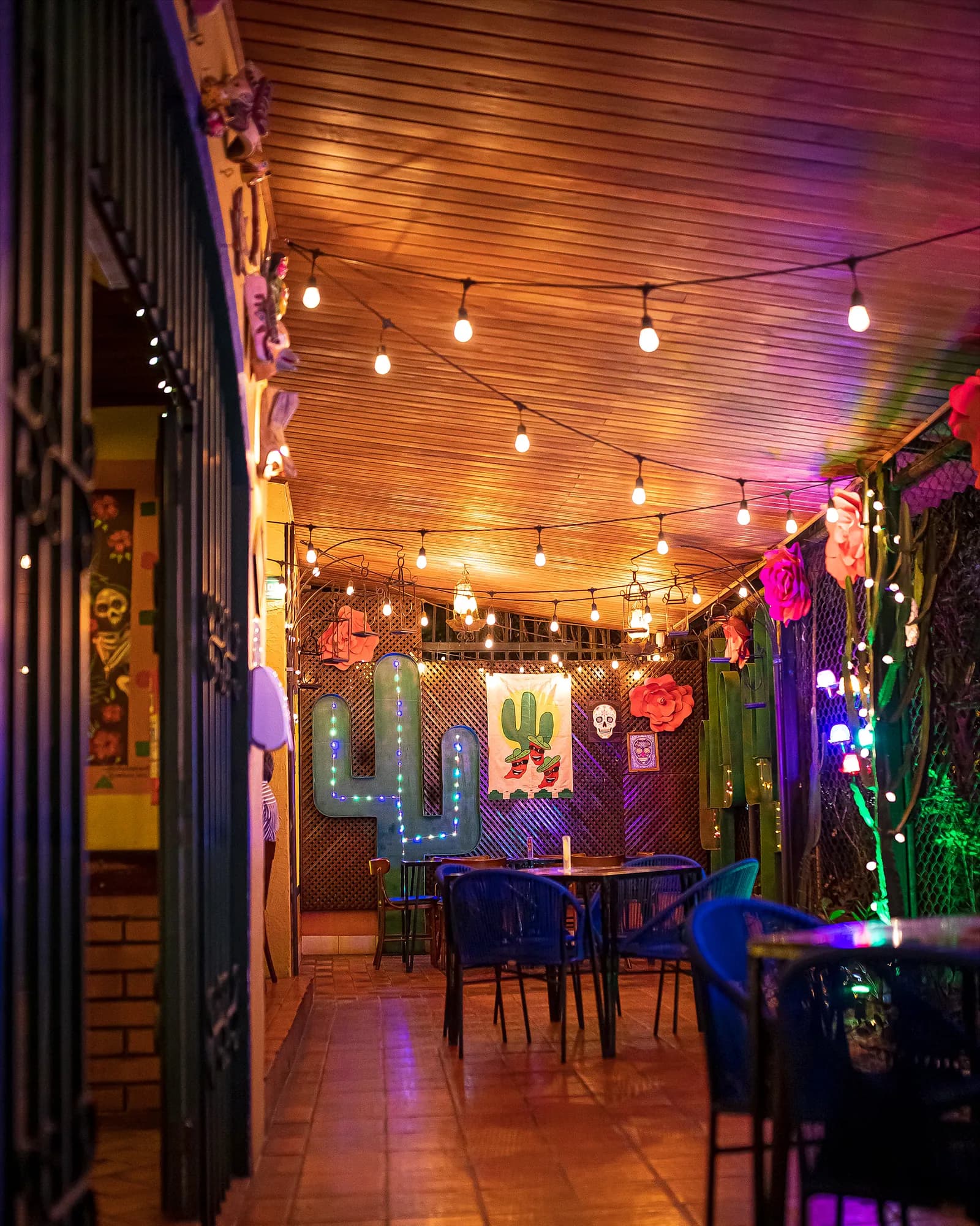 Varanda coberta com varal de luzes, cactos decorativos em neon e rosas de papel